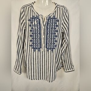 Lucky Brand Striped Embroidered Boho Peasant Top Size M